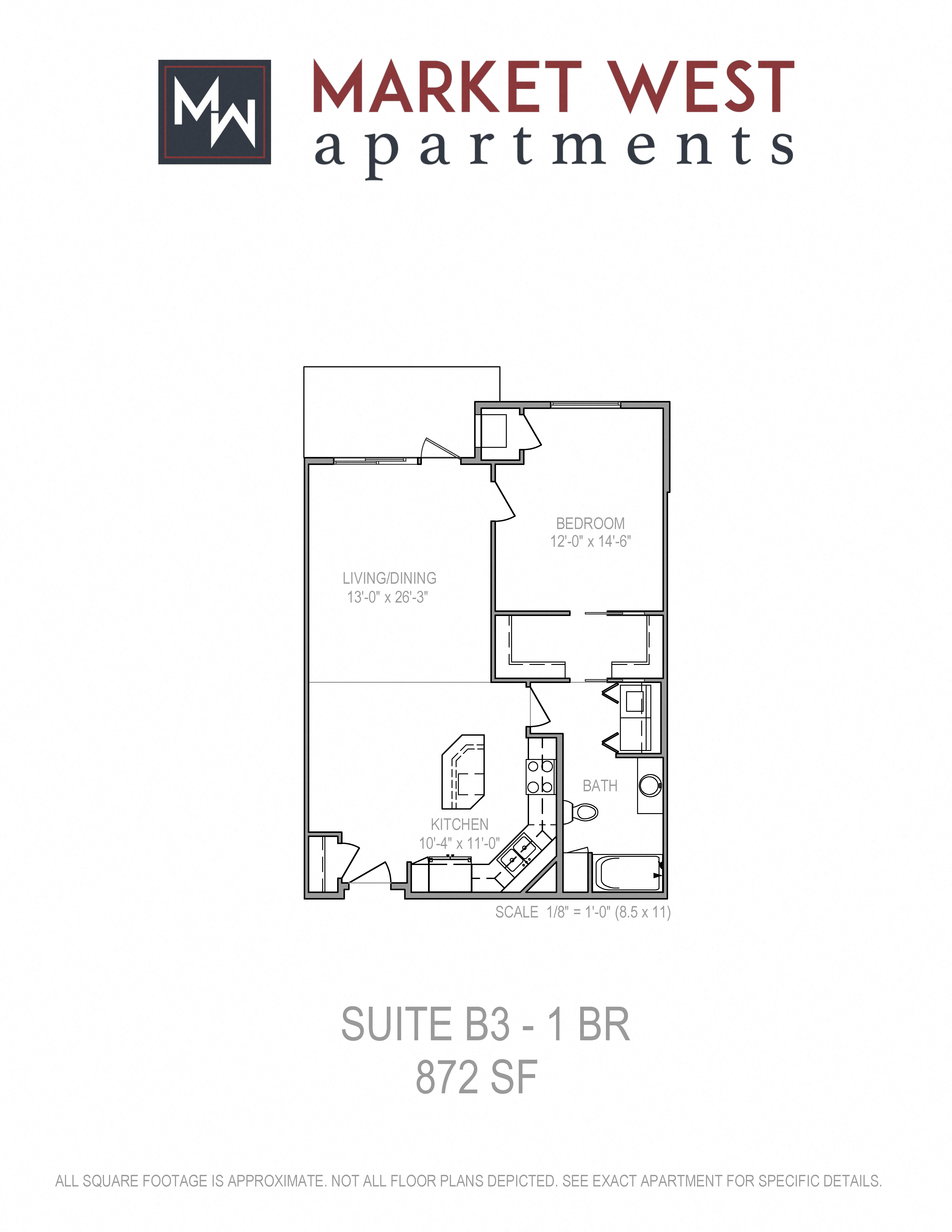 Floor plan for 1 bed, 1 bath, 872 sqft